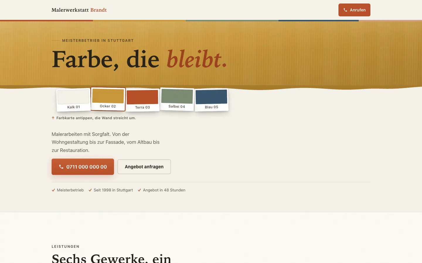 Startseite der Demo Malerwerkstatt Brandt mit Farbkarten