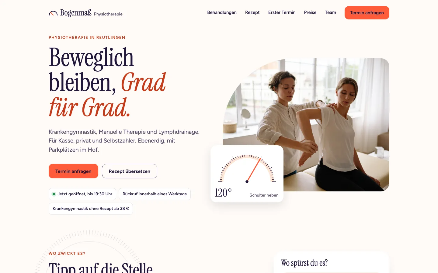 Desktop-Ansicht der Bogenmaß-Demo: Startseite mit Winkelmesser über dem Behandlungsfoto